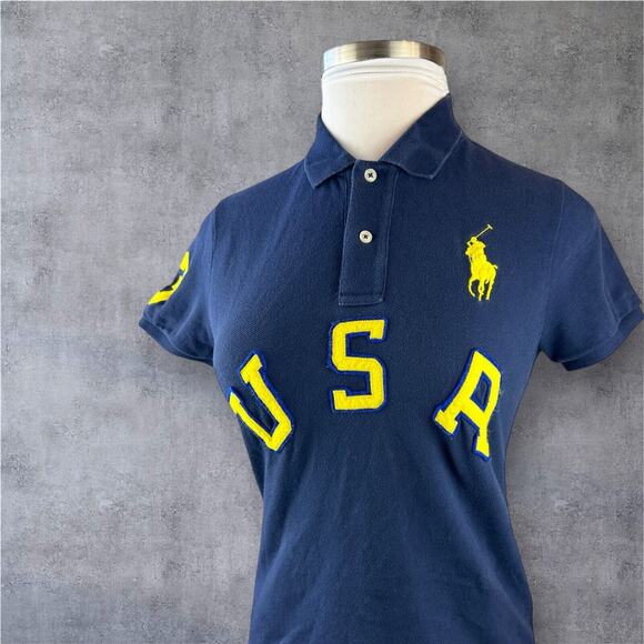 Ralph Lauren Tops - Ralph Lauren Big Pony USA Rugby Polo Shirt Slim Fitted SS Navy Blue Size Large